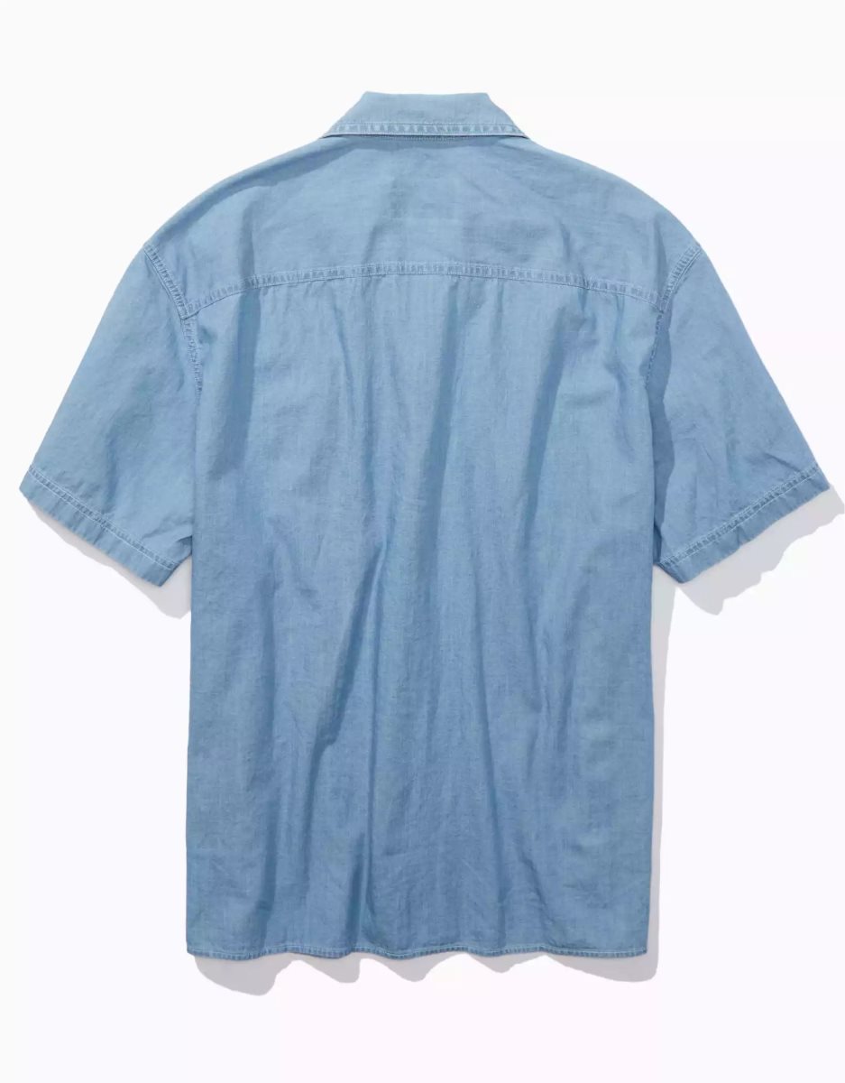 Hauts Flanelle American Eagle AE Chambray Button-Up Poolside Shirt Bleu Clair Homme | MLJ-96495024